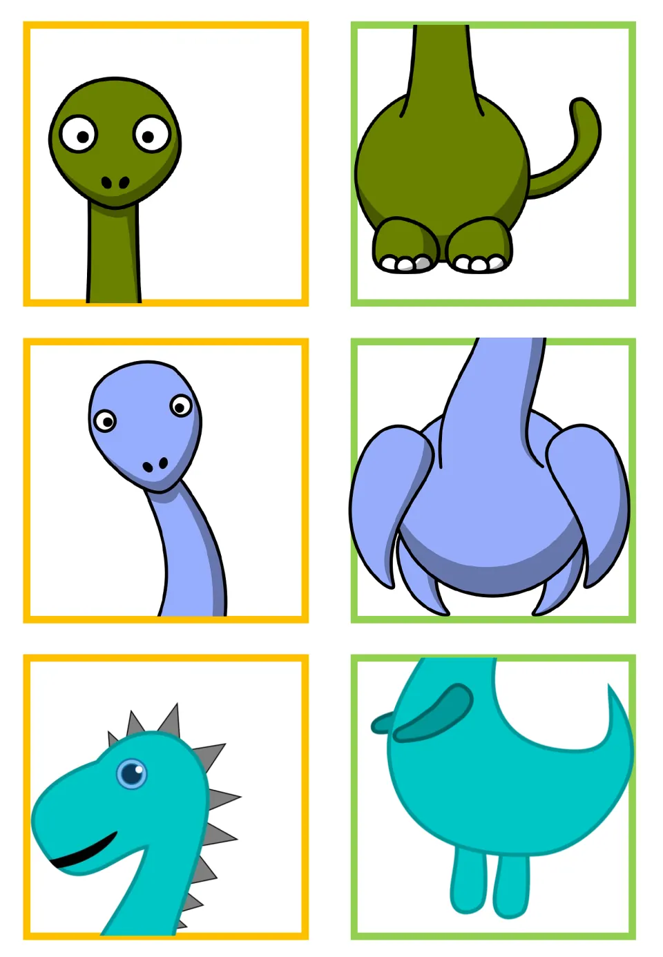 Dinosaur matching cards: three head-and-body pairs showing a green long-neck, a purple swimmer and a teal creature