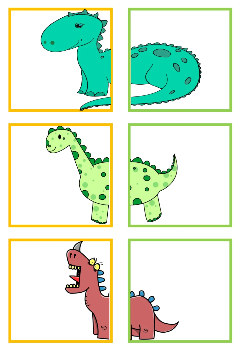 Dinosaur matching cards: three pairs showing a teal dinosaur, a spotted light green long-neck and a red dinosaur