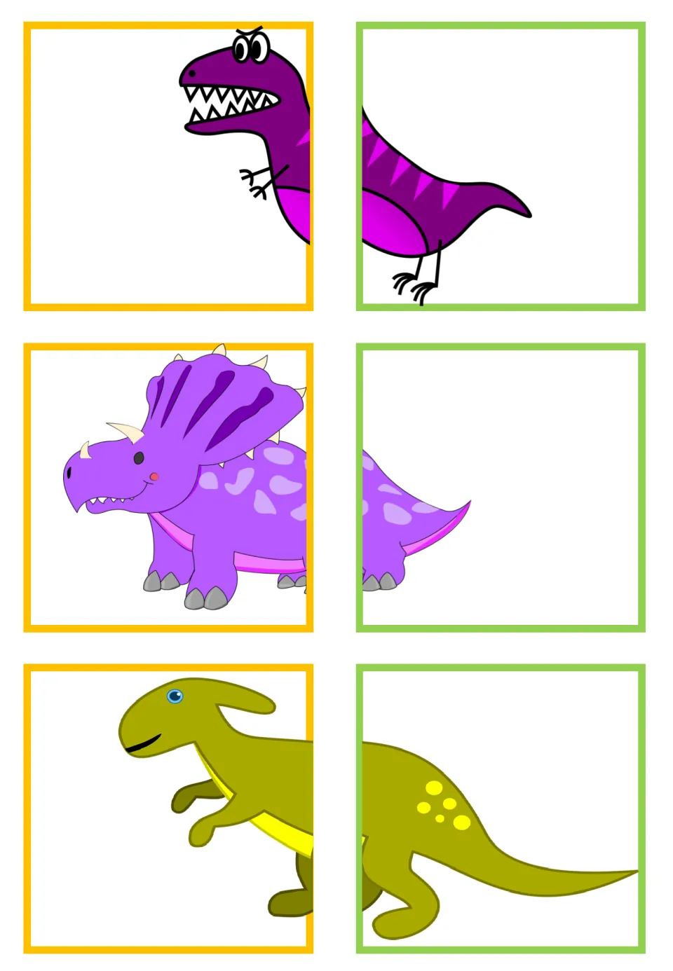 Dinosaur matching cards: three pairs showing a purple sharp-toothed dinosaur, a purple triceratops and a green runner