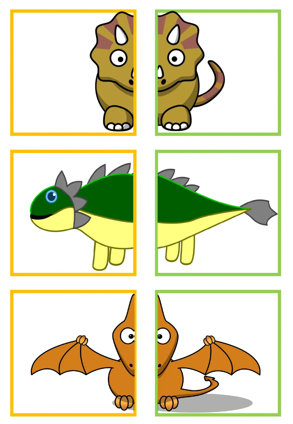 Dinosaur matching cards: three pairs showing a brown triceratops, a green armored dinosaur and an orange pterosaur