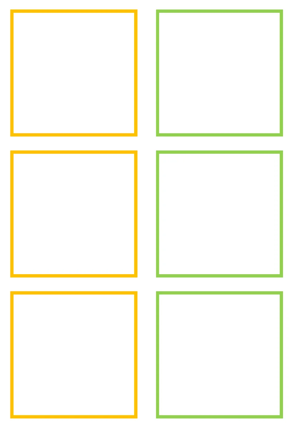 Blank matching card template: six empty cards accompanying the dinosaur and monster half-picture card set