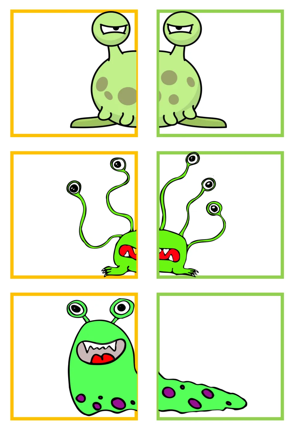 Monster matching cards: three green creature pairs with stalked eyes, including a long body with purple spots