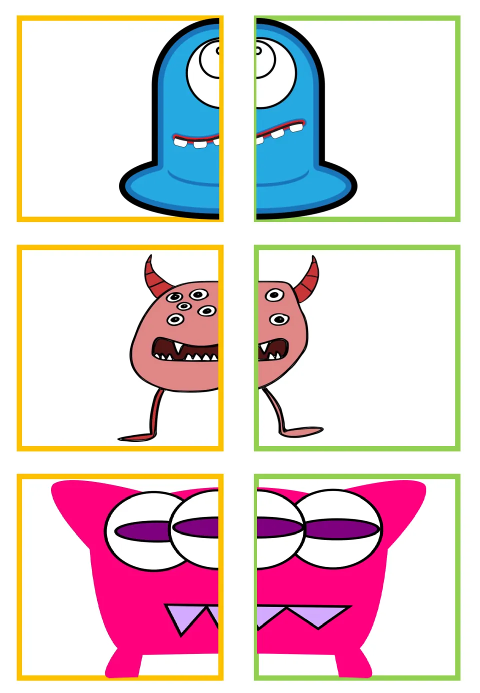 Monster matching cards: three pairs showing a blue one-eyed creature, a pink horned monster and a bright pink monster