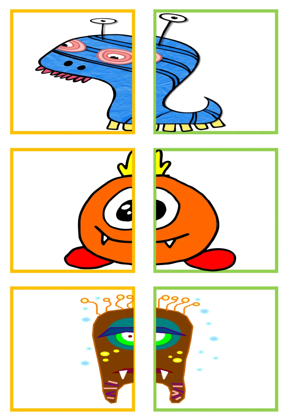 Monster matching cards: three pairs showing a blue striped creature, an orange cyclops and a brown fanged monster
