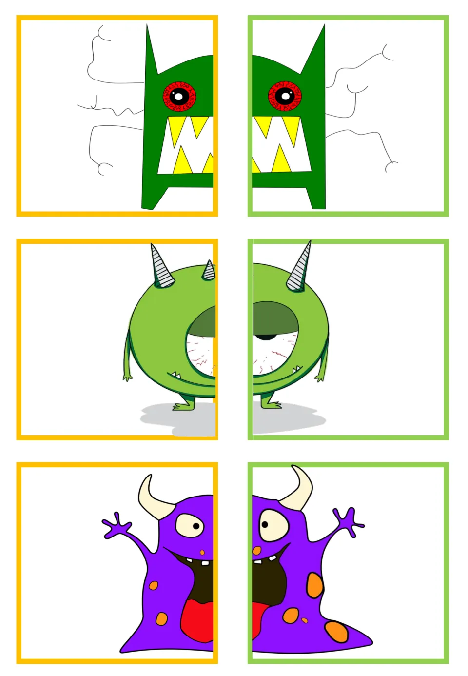 Monster matching cards: three pairs showing a green angular monster, a green horned cyclops and a purple spotted monster