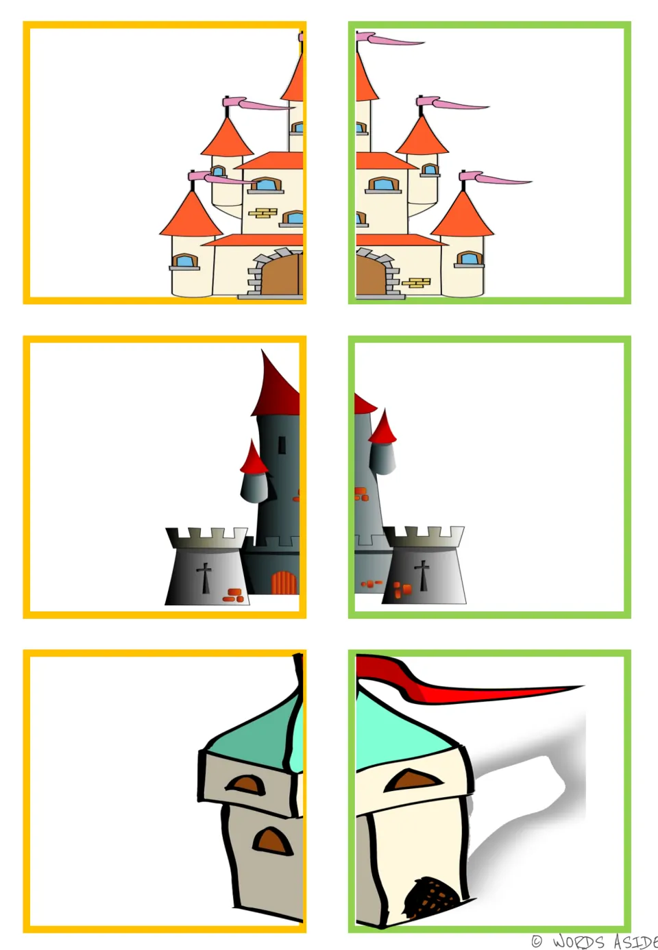 Matching cards 1–6: halves of three castles with orange roofs, dark gray towers, and a mint-green roof