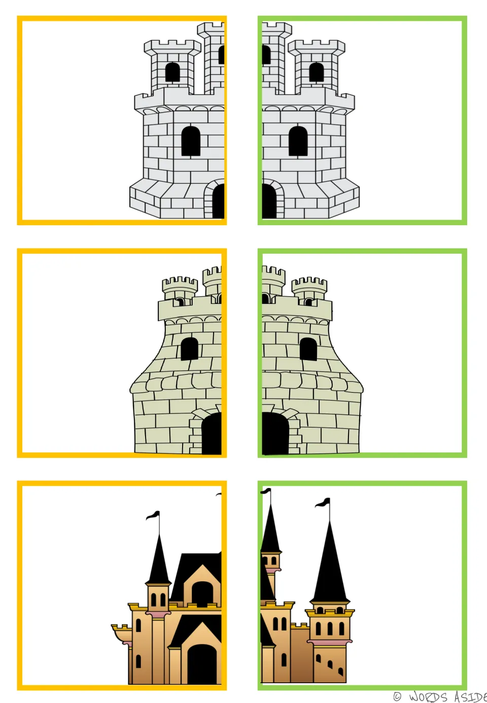 Matching cards 7–12: halves of a gray stone castle, a pale green stone castle, and a gold castle