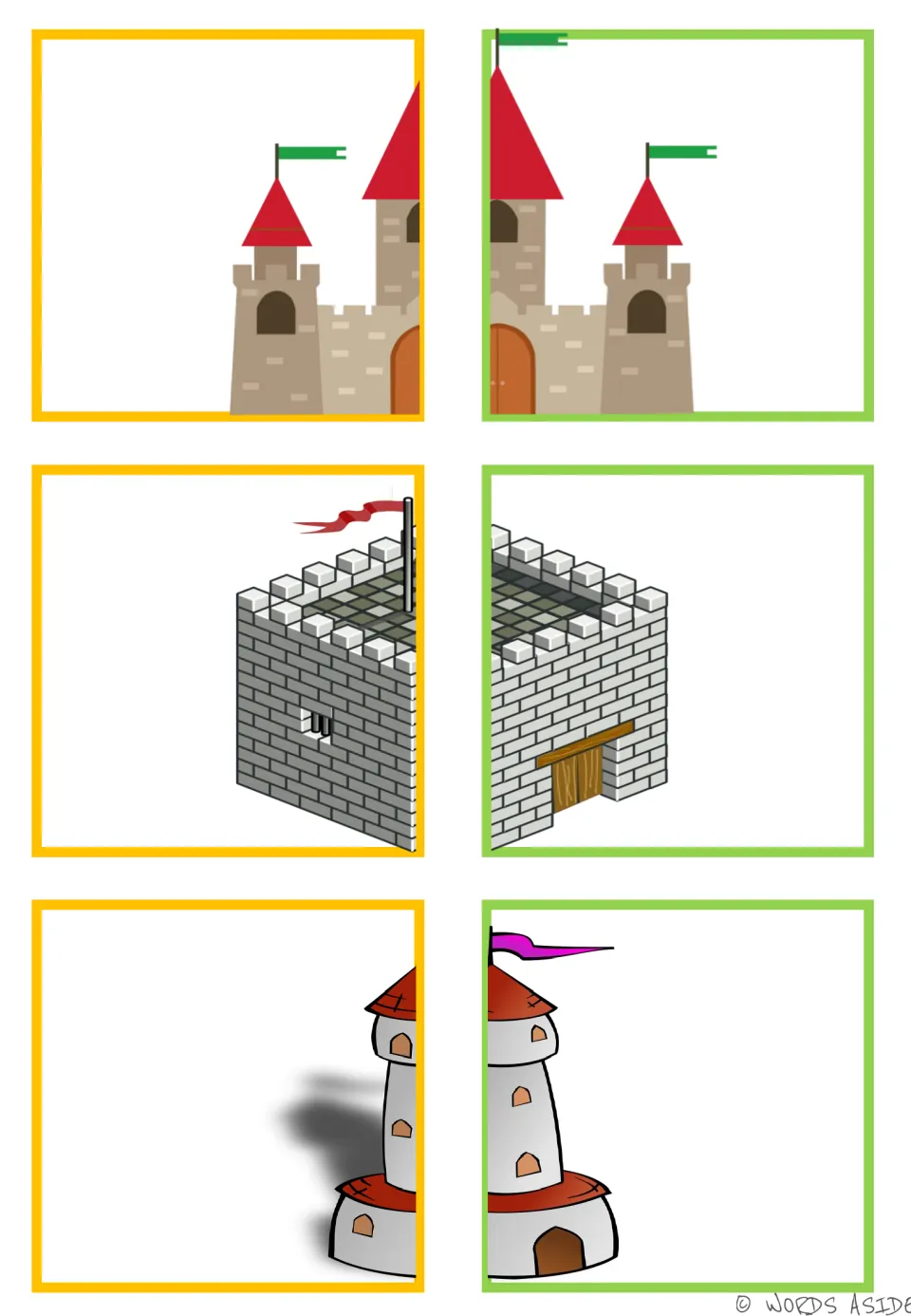 Matching cards 13–18: halves of a red-roofed castle, a square stone fort, and a tall white tower
