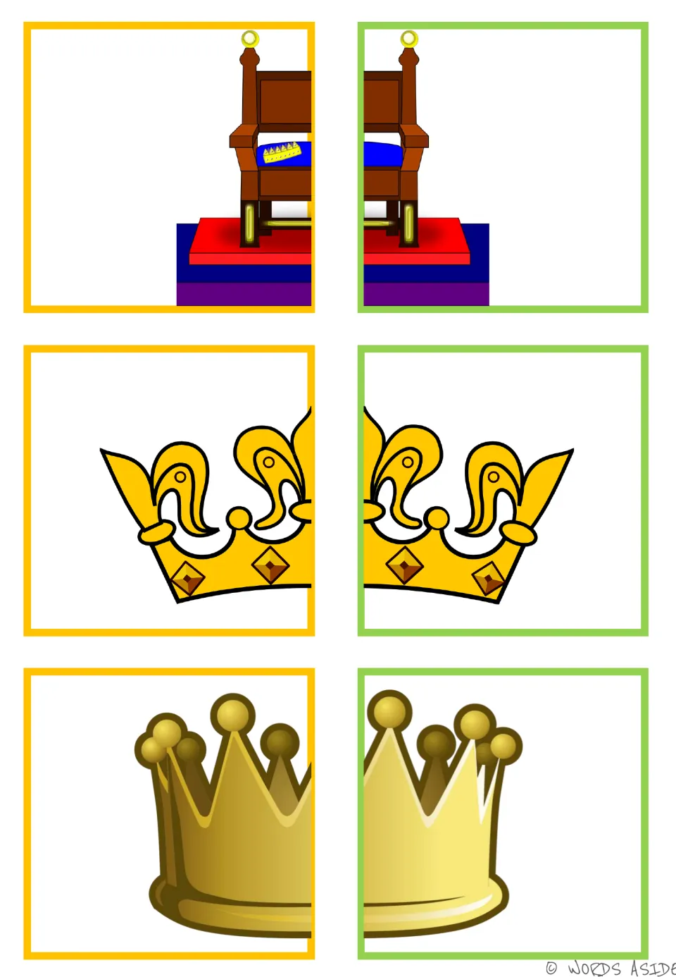 Matching cards 19–24: halves of a wooden throne with a blue seat and two different gold crowns
