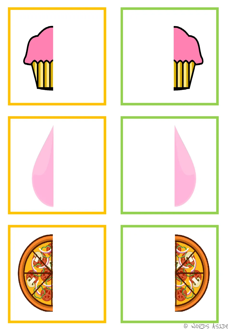 Symmetry matching cards: six colored halves to pair into a pink cupcake, a pink droplet, and a pizza.
