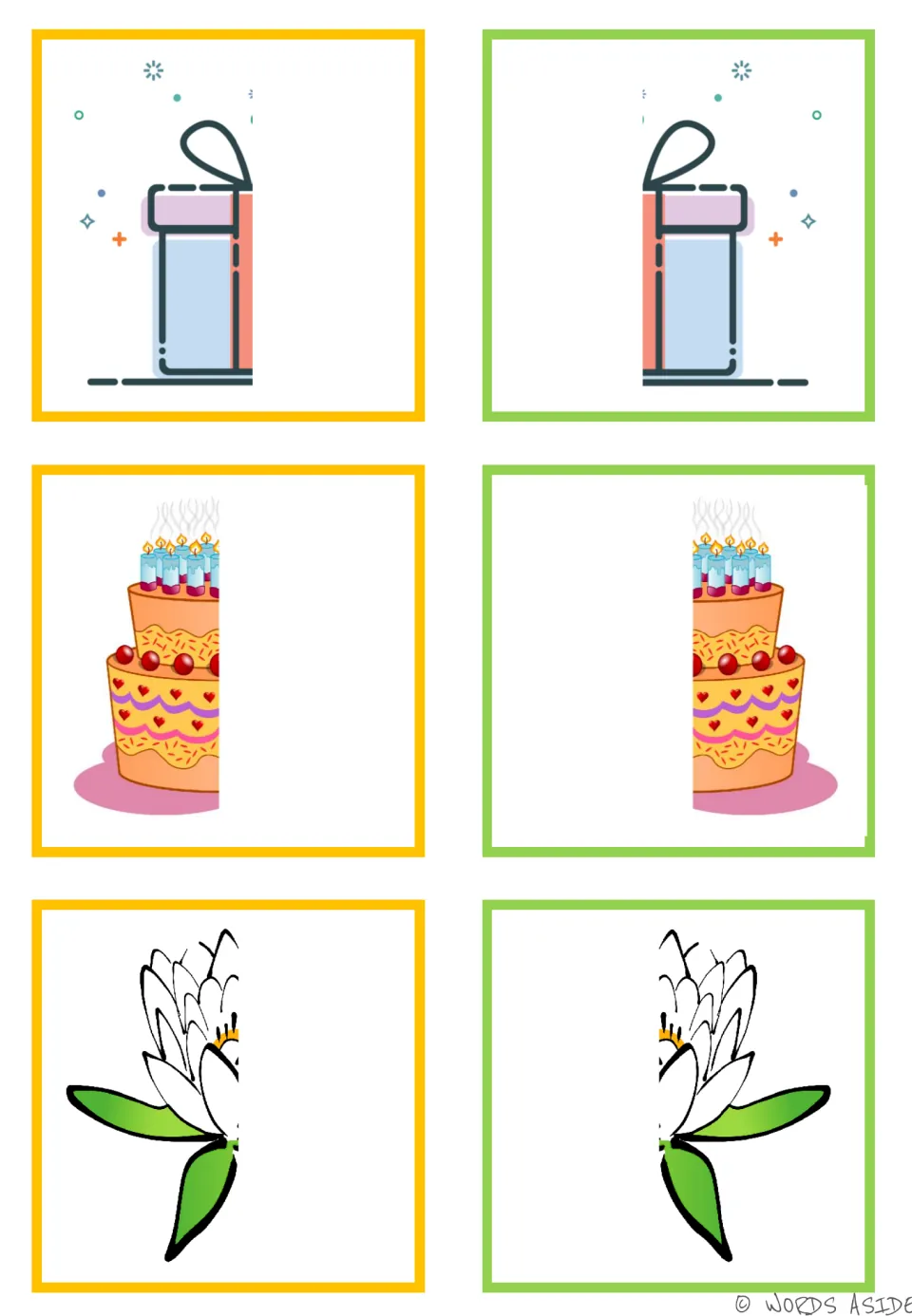 Symmetry matching cards: six colored halves to pair into a wrapped gift, a birthday cake, and a white flower.
