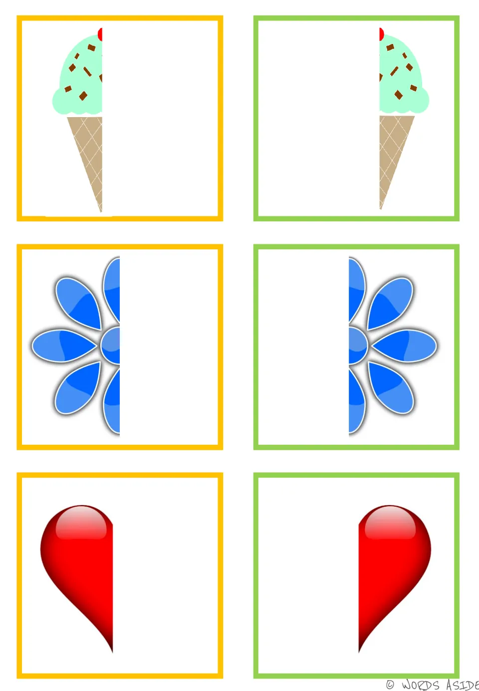 Symmetry matching cards: six colored halves to pair into an ice cream cone, a blue flower, and a red heart.