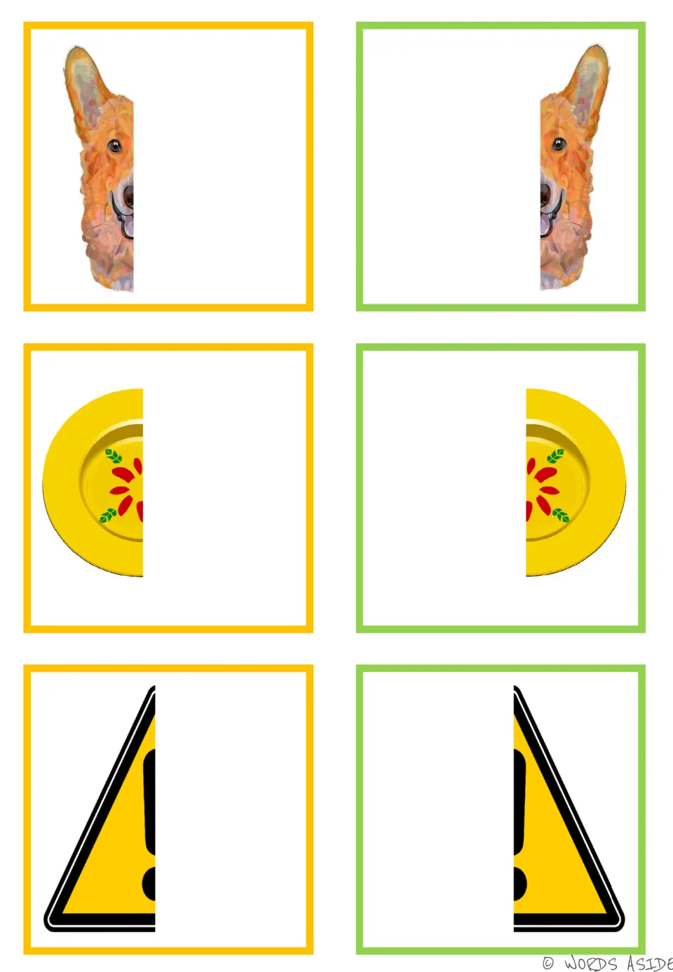 Symmetry matching cards: six colored halves to pair into a dog's face, a yellow plate, and a warning sign.