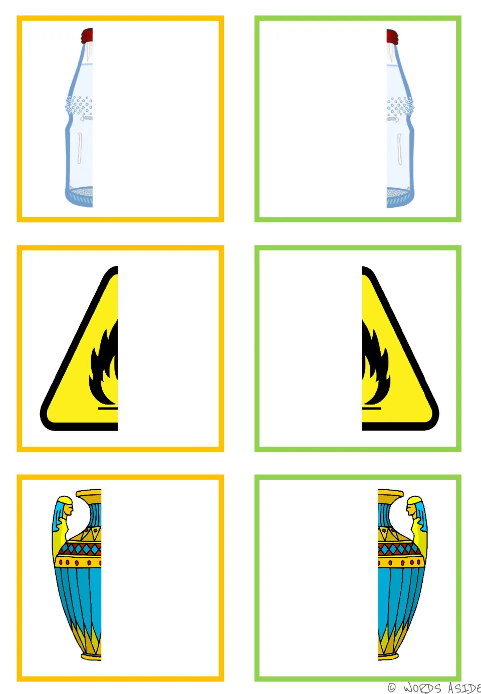 Symmetry matching cards: six colored halves to pair into a bottle, a flammable warning sign, and a vase.