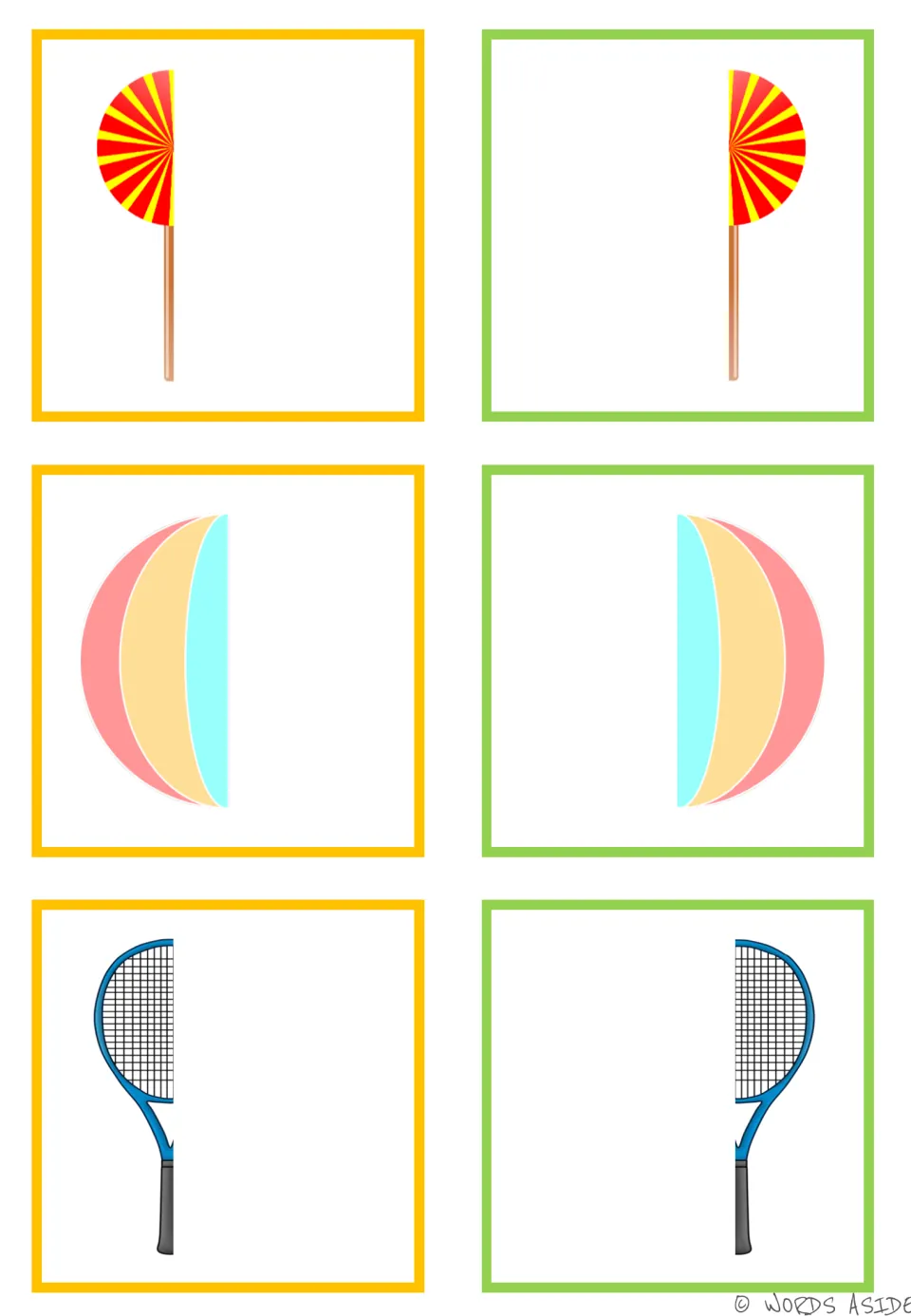 Symmetry matching cards: six colored halves to pair into a striped lollipop, a ball, and a tennis racket.