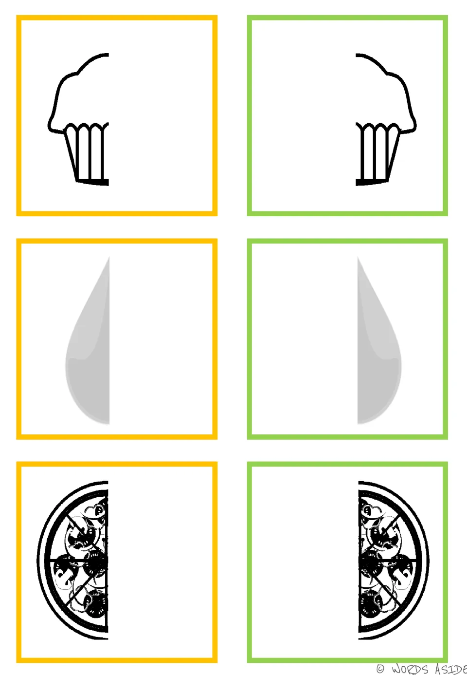 Symmetry matching cards: six black-and-white or gray halves to pair into a cupcake, a droplet, and a pizza.