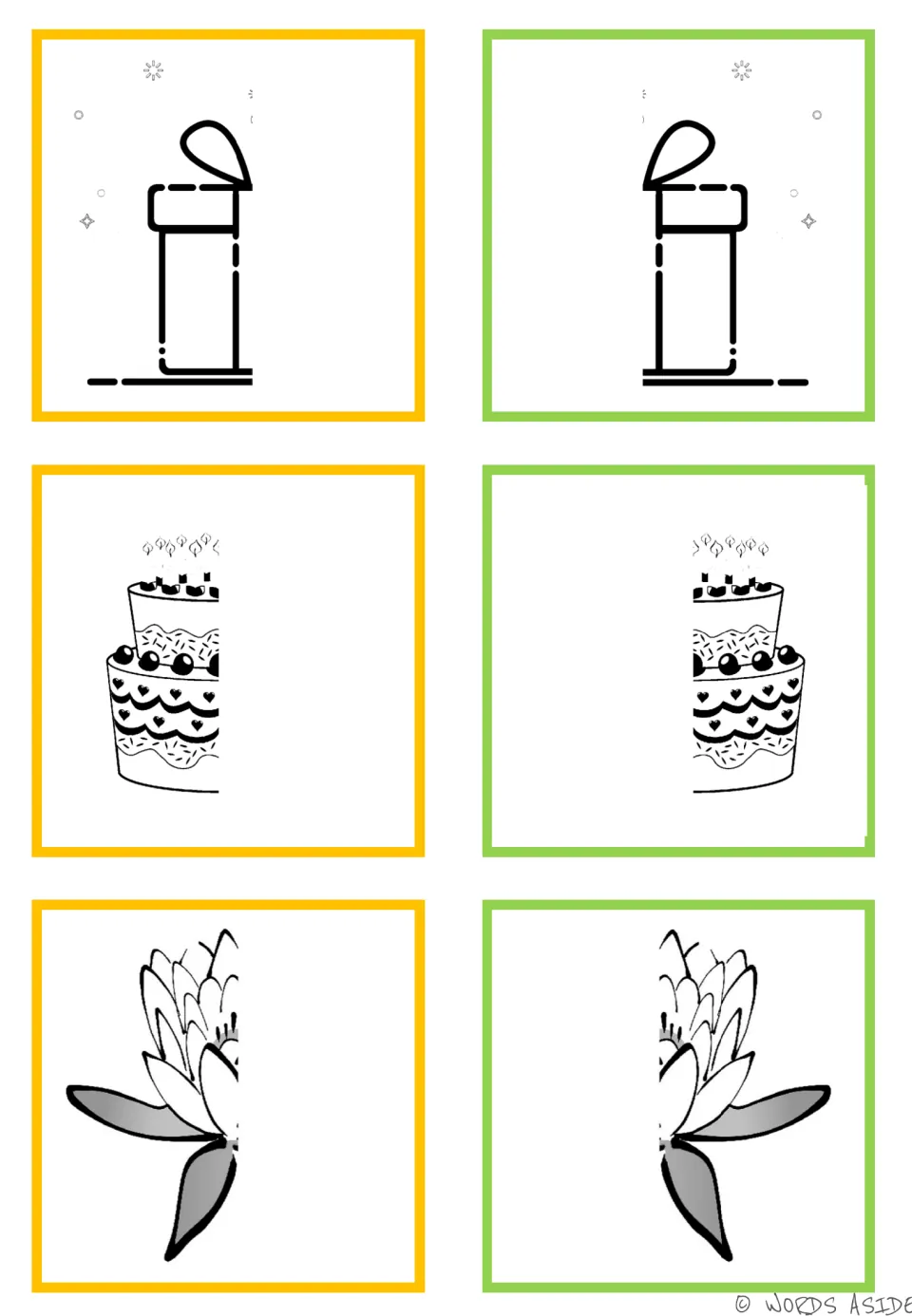 Symmetry matching cards: six black-and-white or gray halves forming a gift, a birthday cake, and a flower.