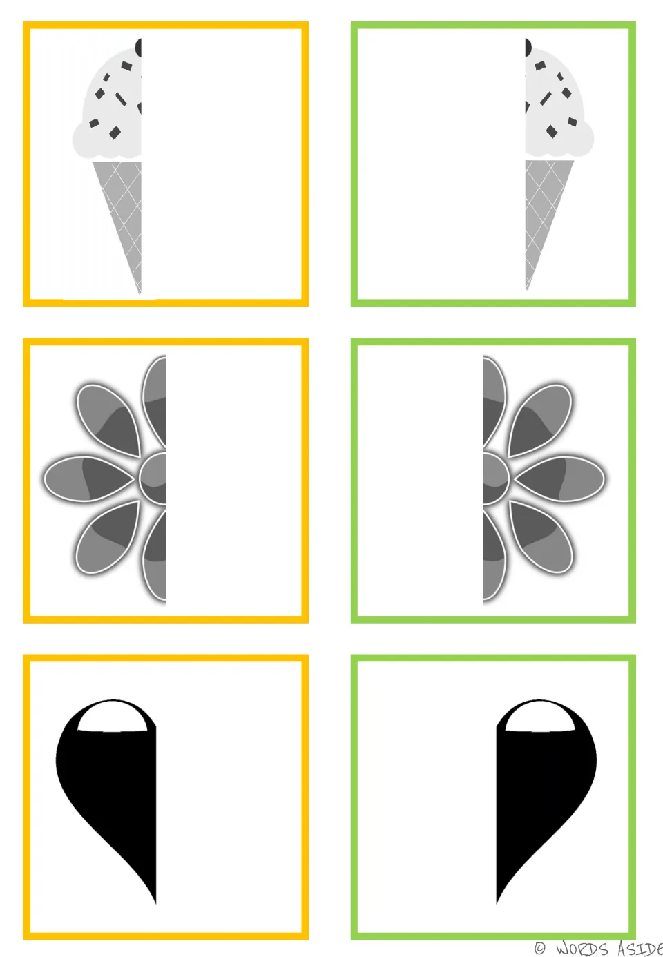 Symmetry matching cards: six black-and-white or gray halves forming an ice cream cone, a flower, and a heart.