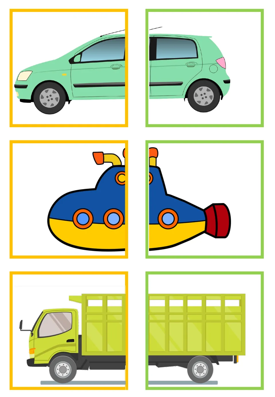 Vehicle matching half-cards showing a car, submarine, and truck, each split into two pieces to match