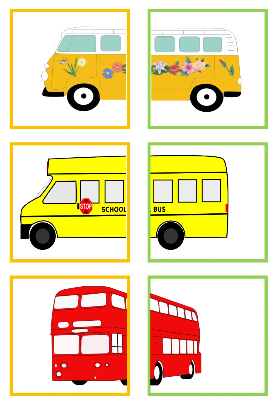 Vehicle matching half-cards showing a flower-covered van, school bus, and double-decker bus in two pieces each