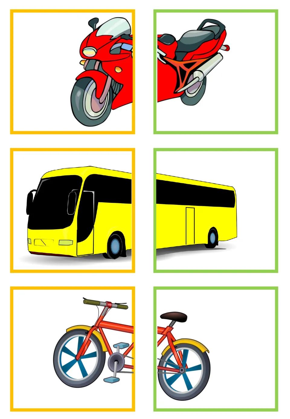 Vehicle matching half-cards showing a motorcycle, coach bus, and bicycle, each split into two matching pieces