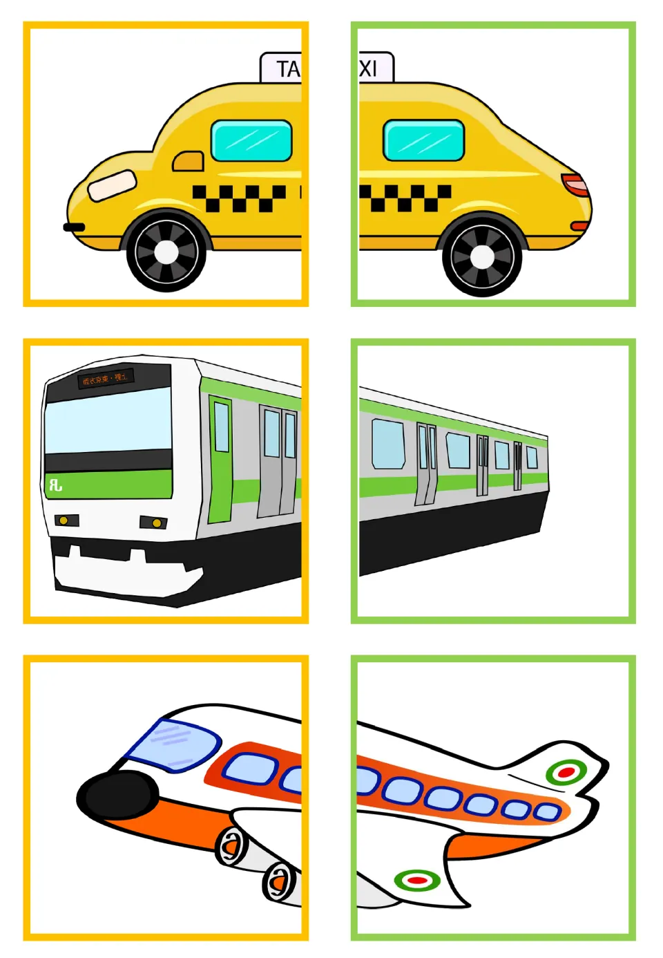 Vehicle matching half-cards showing a taxi, passenger train, and airplane, each split into two pieces