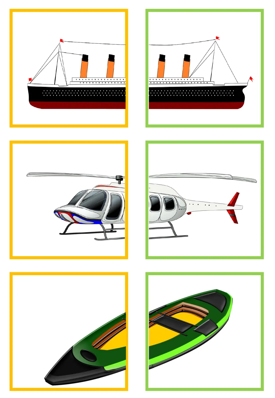 Vehicle matching half-cards showing an ocean liner, helicopter, and rowboat, each split into two pieces