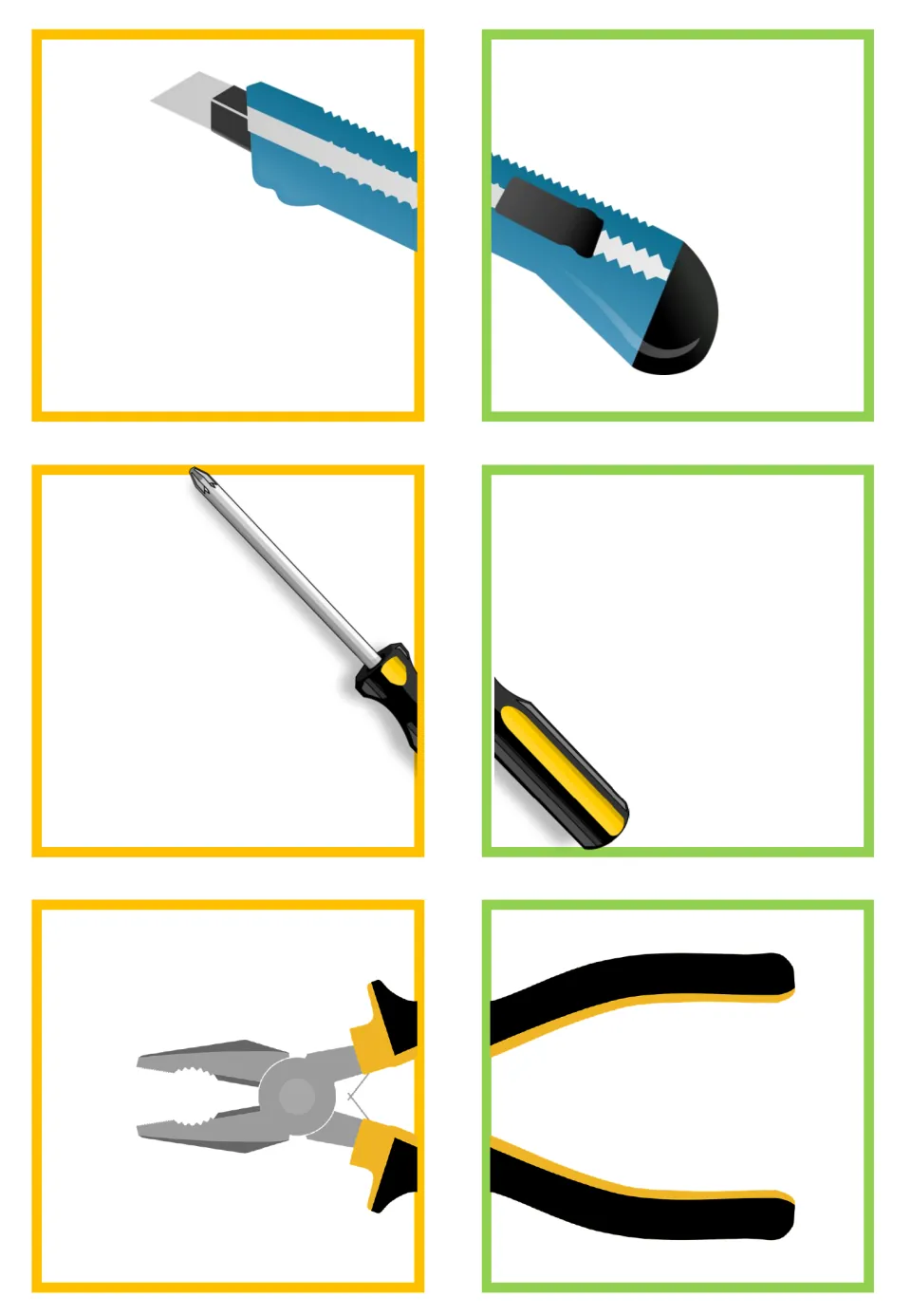 Tool matching half-cards showing a utility knife, screwdriver, and pliers, each split into two pieces