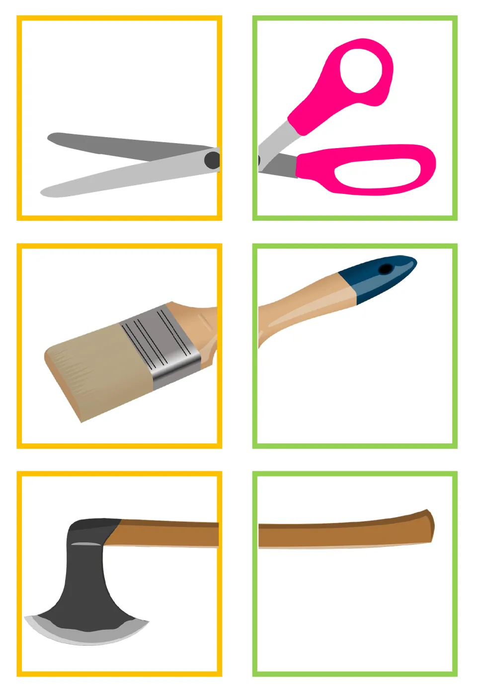 Tool matching half-cards showing scissors, a paintbrush, and an ax, each split into two pieces to match