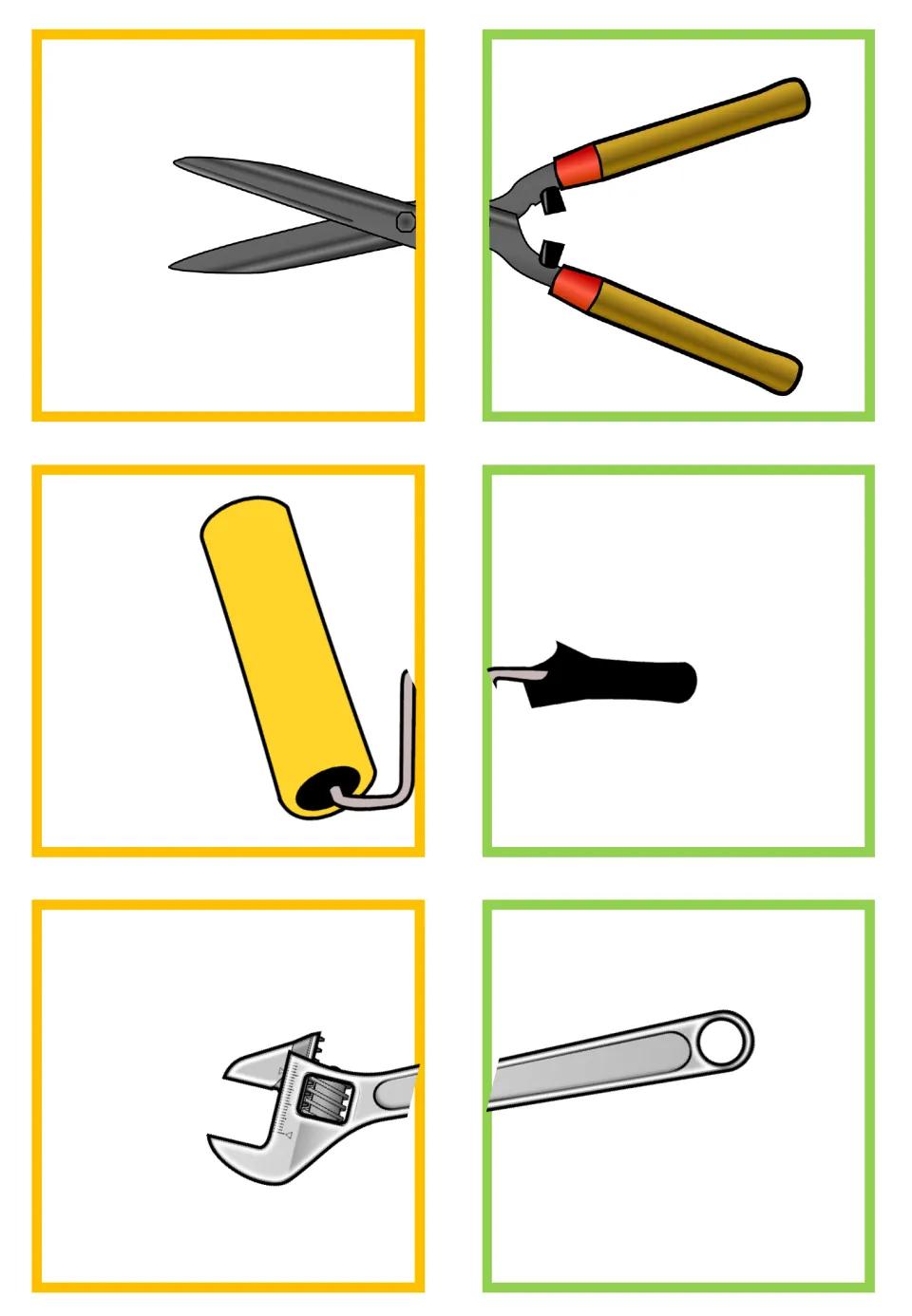Tool matching half-cards showing hedge shears, a paint roller, and an adjustable wrench in two pieces each