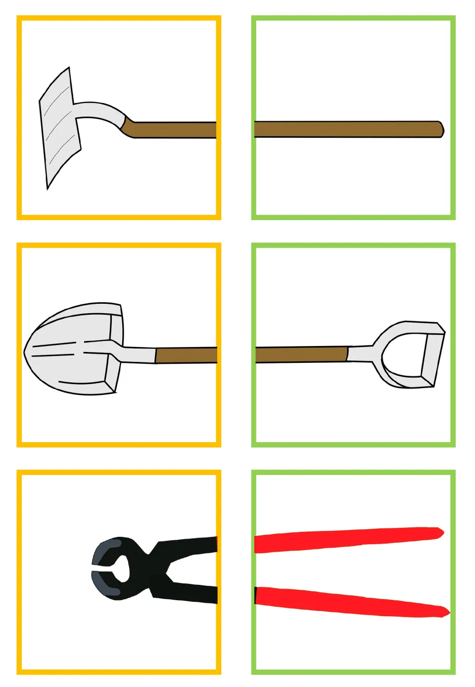 Tool matching half-cards showing a hoe, shovel, and pincers, each split into two pieces for matching
