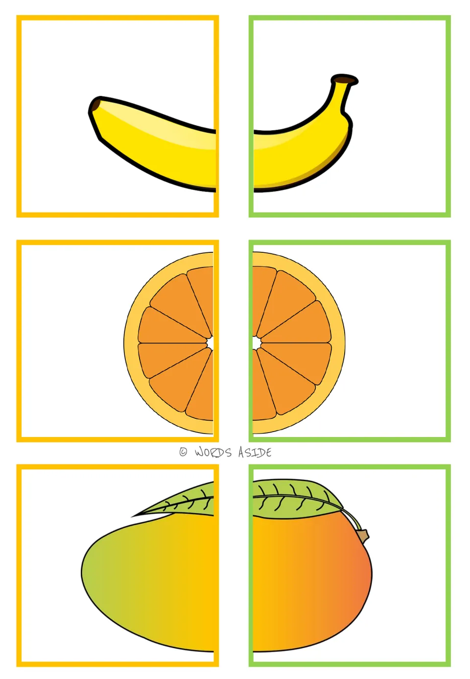 Food half-picture matching cards 13–18: paired halves of a banana, an orange cross section, and a mango
