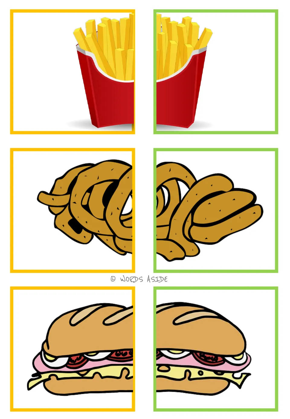 Food half-picture matching cards 55–60: paired halves of French fries, onion rings, and a sub sandwich