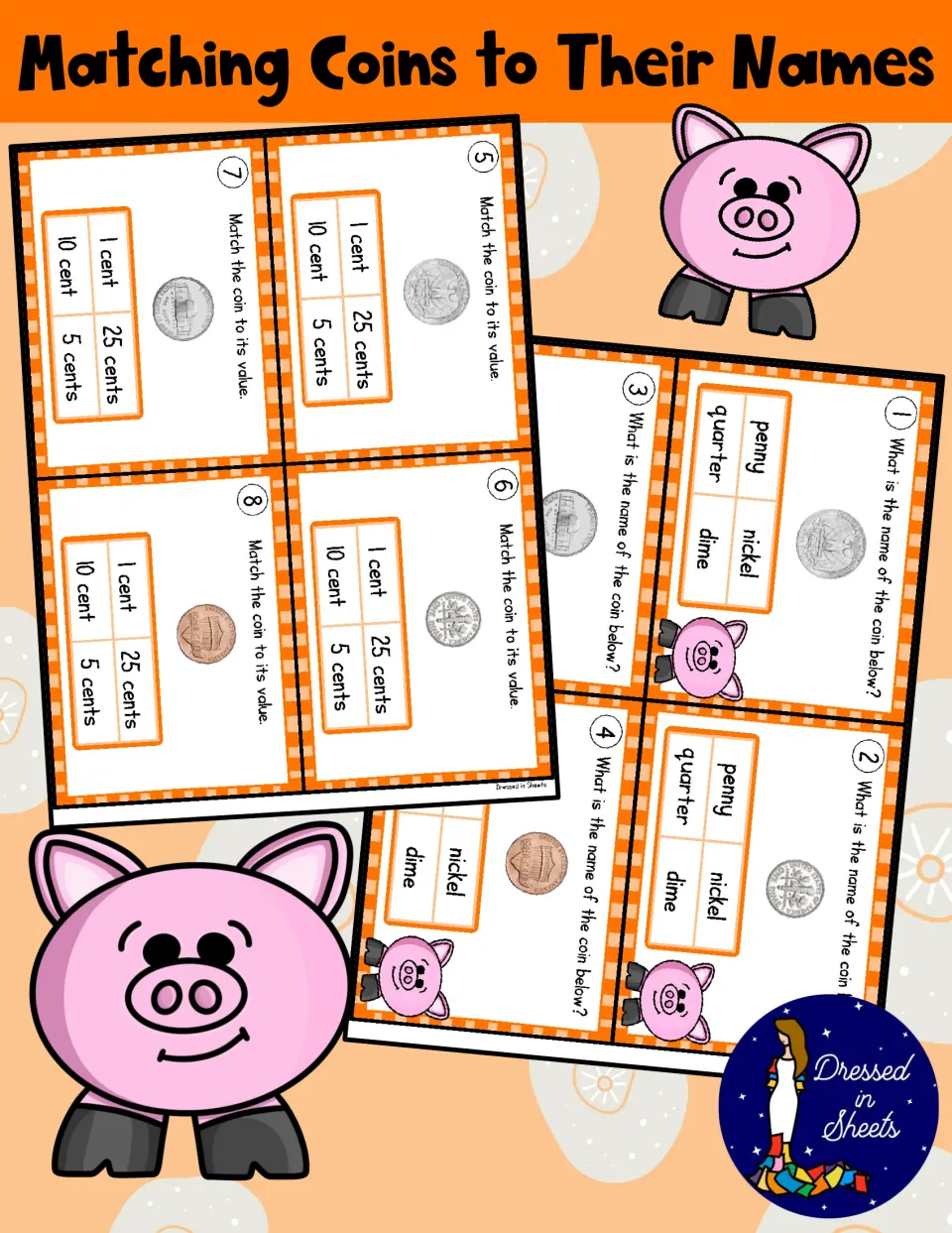 Matching Coins to Their Names cover: sample coin task cards asking students to name a coin or match it to its value
