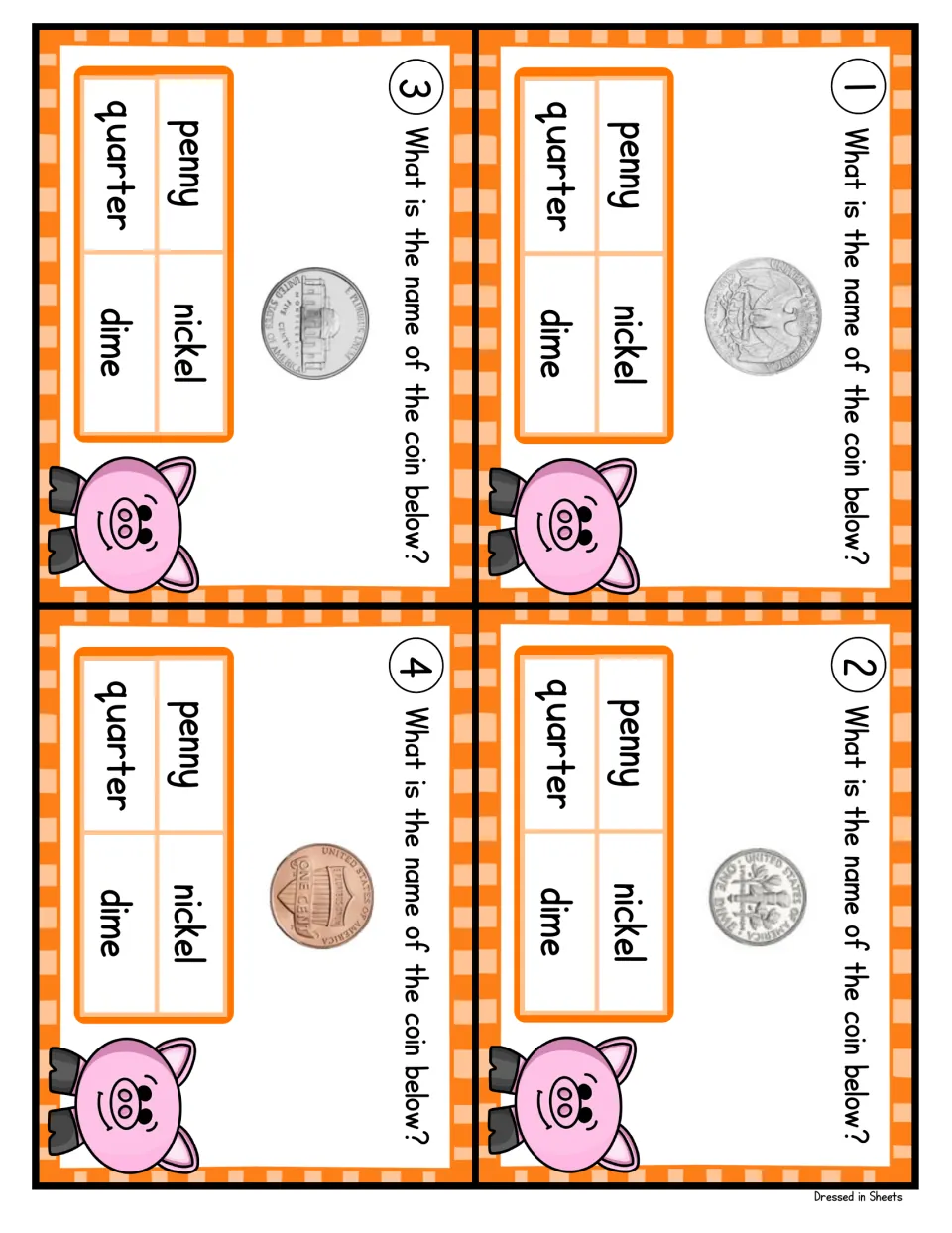 Coin naming cards 1-4: students look at a coin photo and choose penny, nickel, dime or quarter to identify each coin