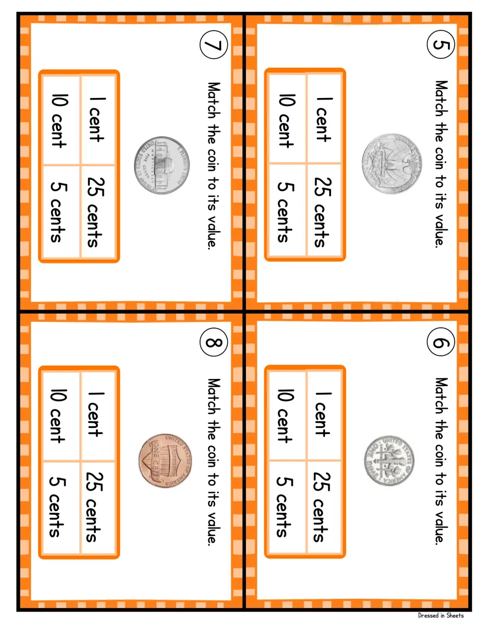 Coin value cards 5-8: students match a pictured coin to its value, choosing 1 cent, 5 cents, 10 cents or 25 cents
