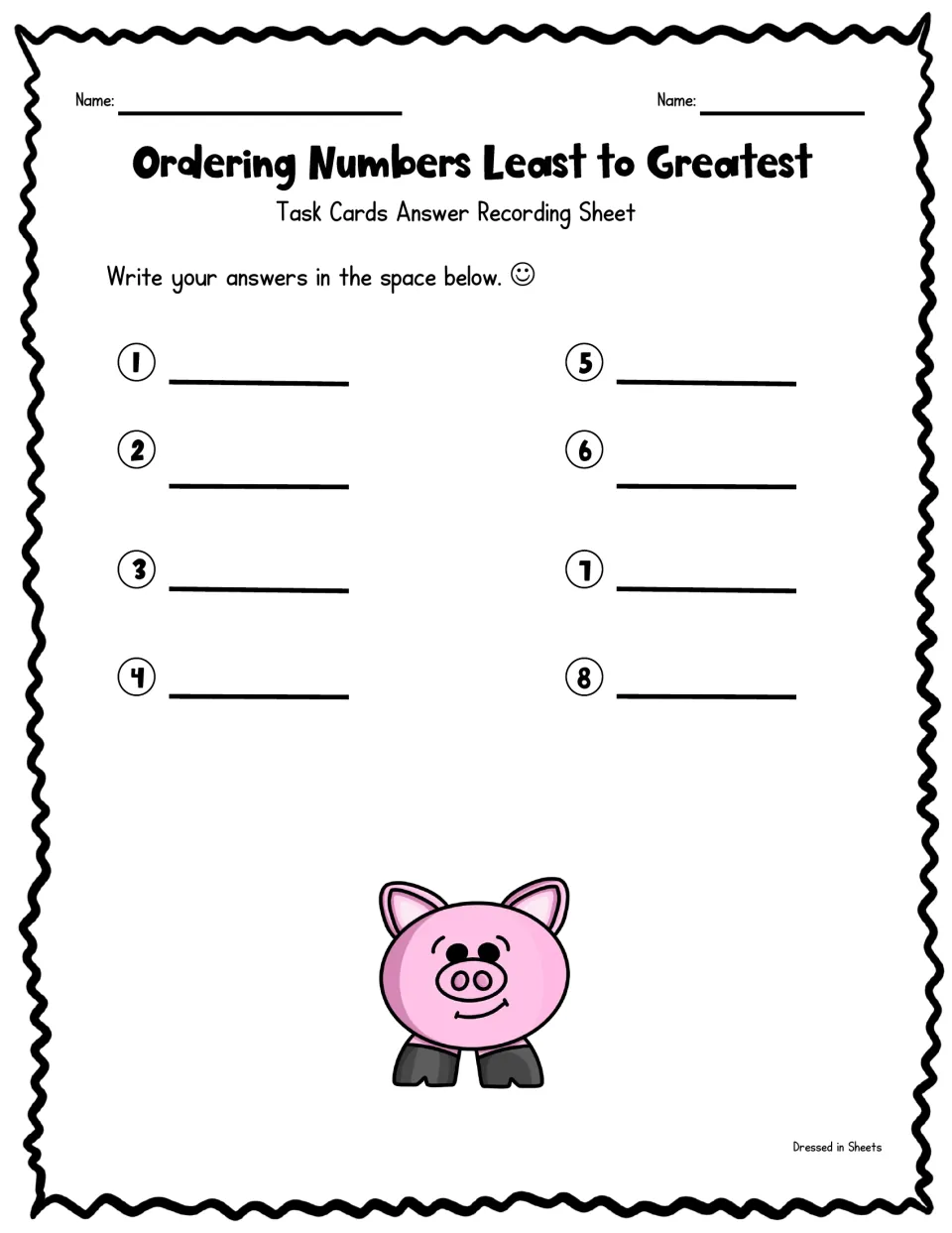 Task card answer recording sheet titled Ordering Numbers Least to Greatest, with numbered blanks 1-8 for student answers