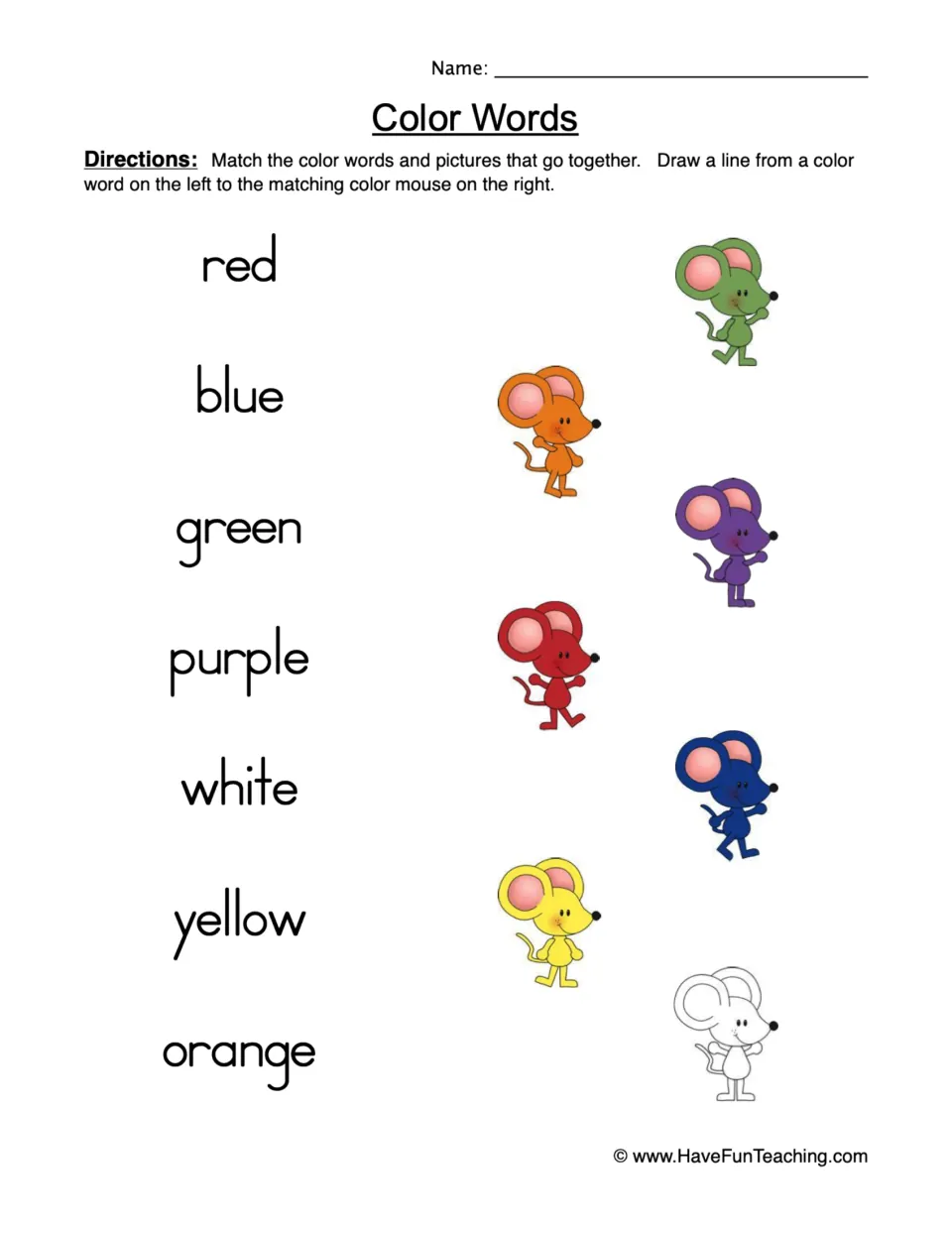 Color Words: students read 7 color words, red through orange, and draw a line to the mouse shown in each color