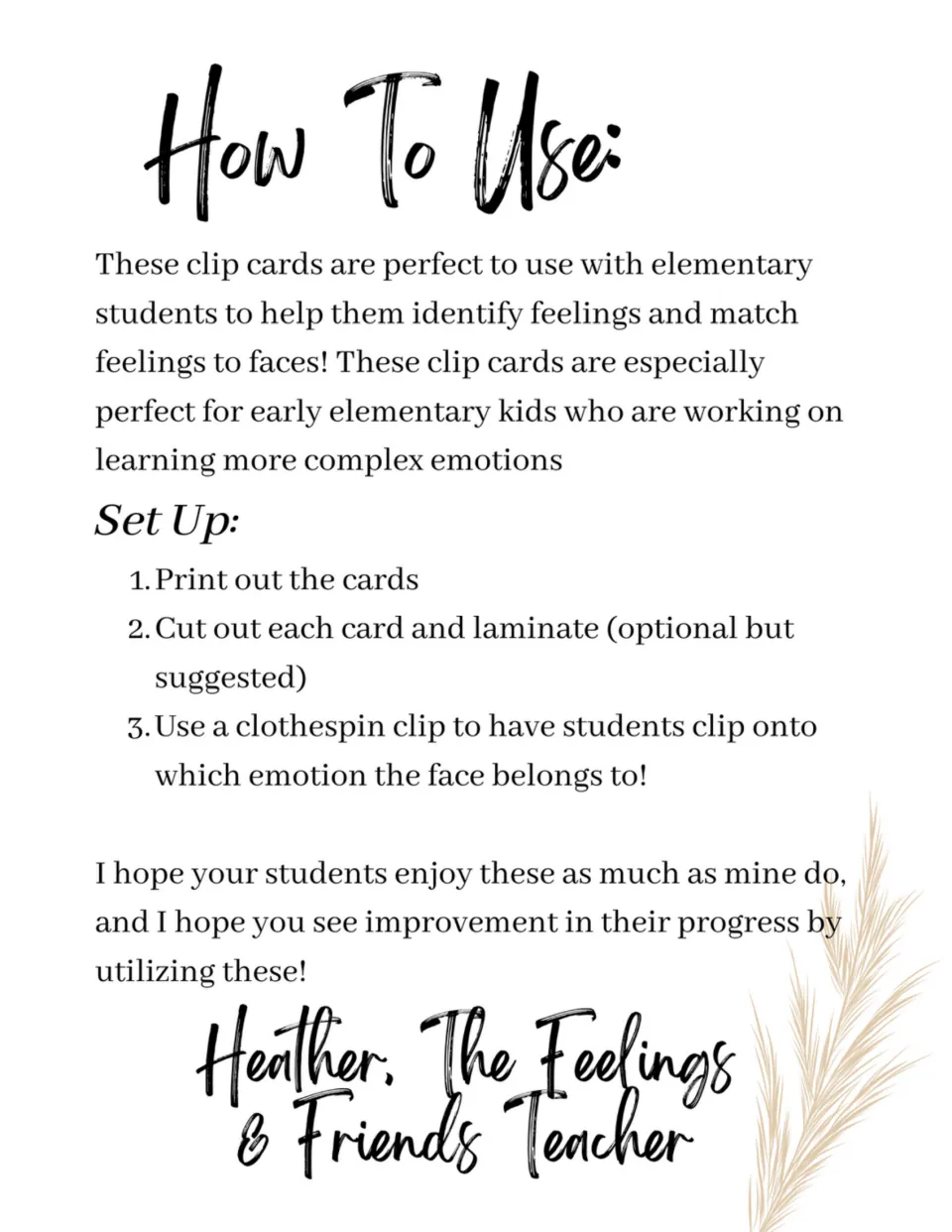 Clip card instructions: print, cut, optionally laminate, and use a clothespin to mark the matching emotion