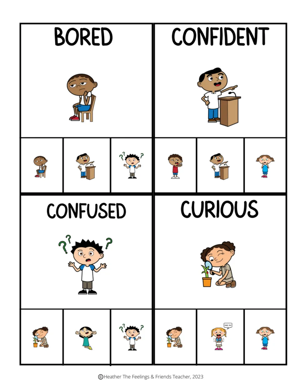 Color emotion clip cards for bored, confident, confused, and curious, each with three picture choices