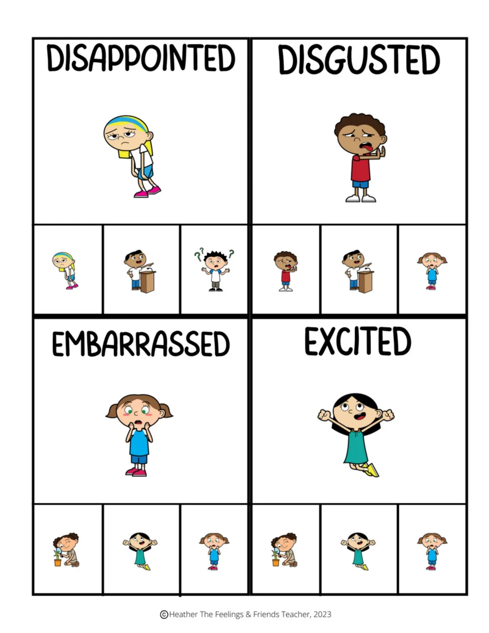 Color emotion clip cards for disappointed, disgusted, embarrassed, and excited, with picture choices
