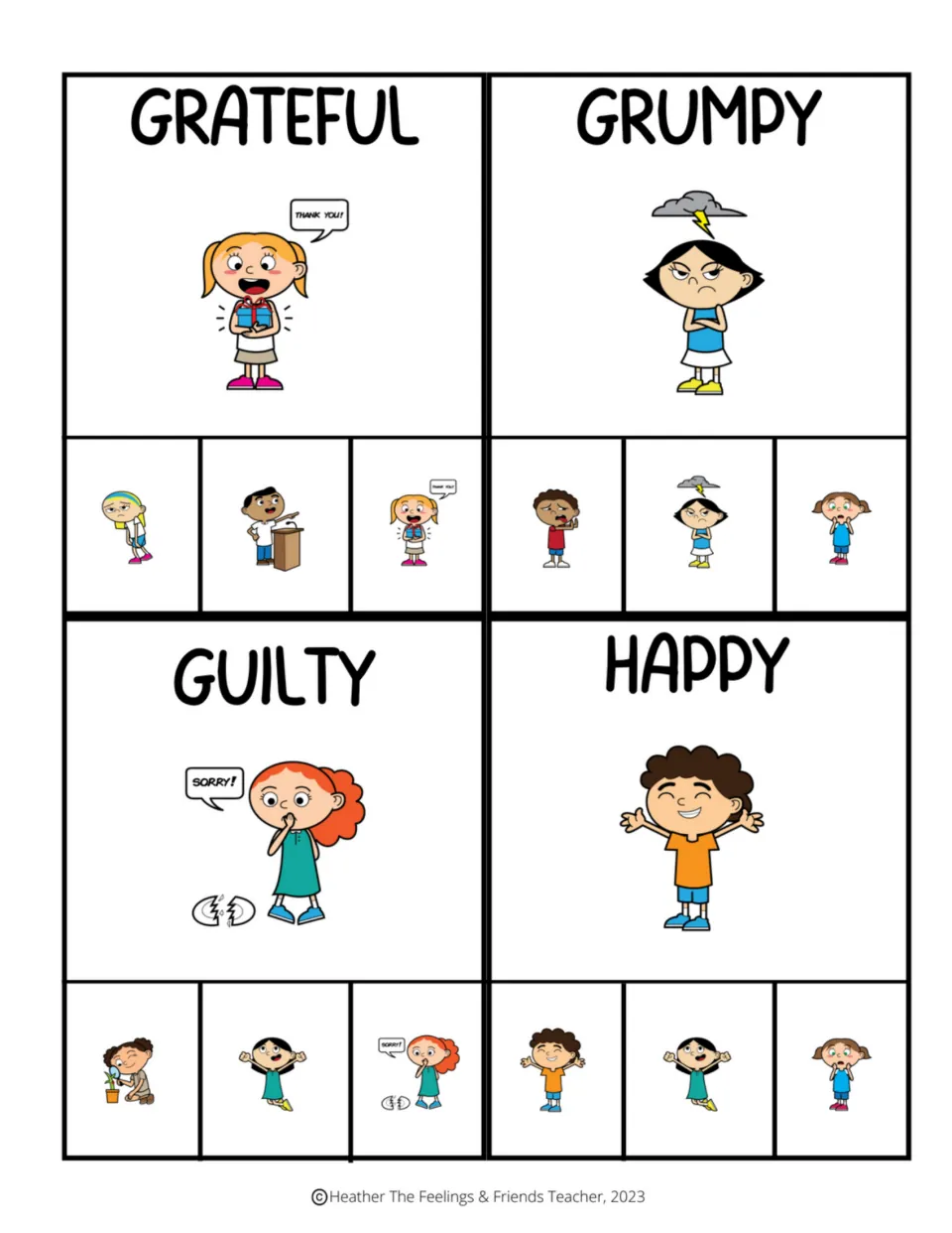 Color emotion clip cards for grateful, grumpy, guilty, and happy, each with three picture choices
