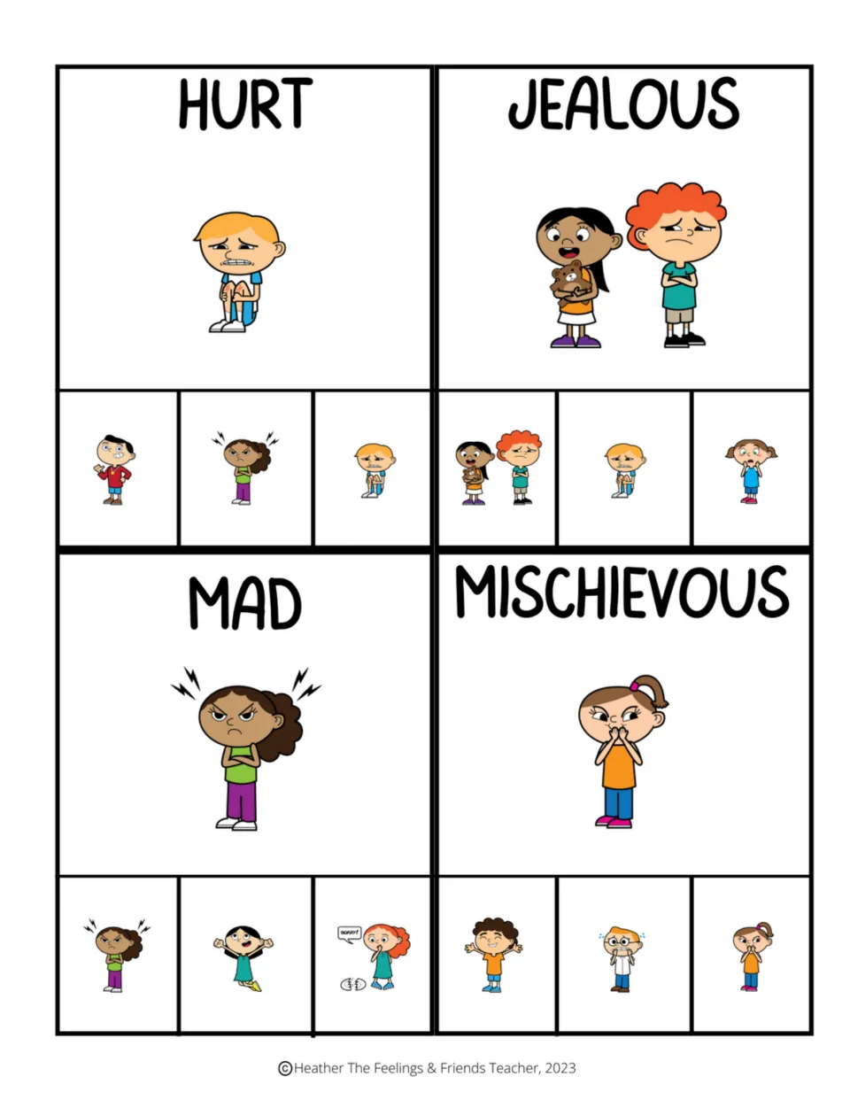 Color emotion clip cards for hurt, jealous, mad, and mischievous, each with three picture choices