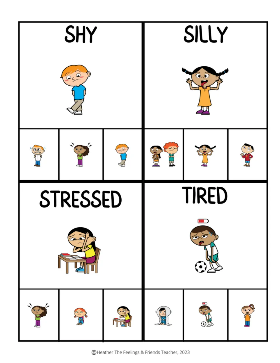 Color emotion clip cards for shy, silly, stressed, and tired, each with three matching picture choices