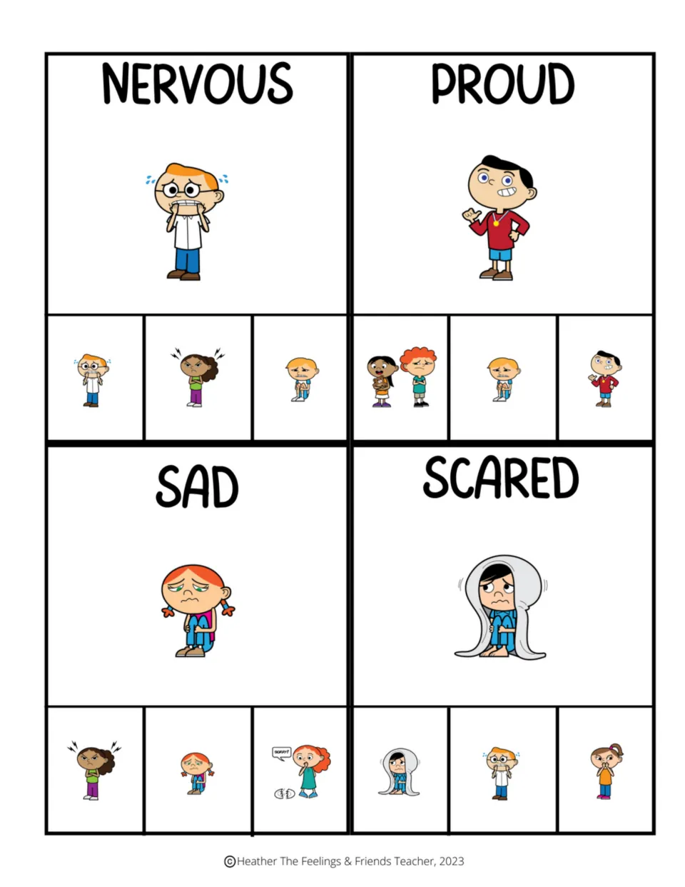 Color emotion clip cards for nervous, proud, sad, and scared, each with three picture choices
