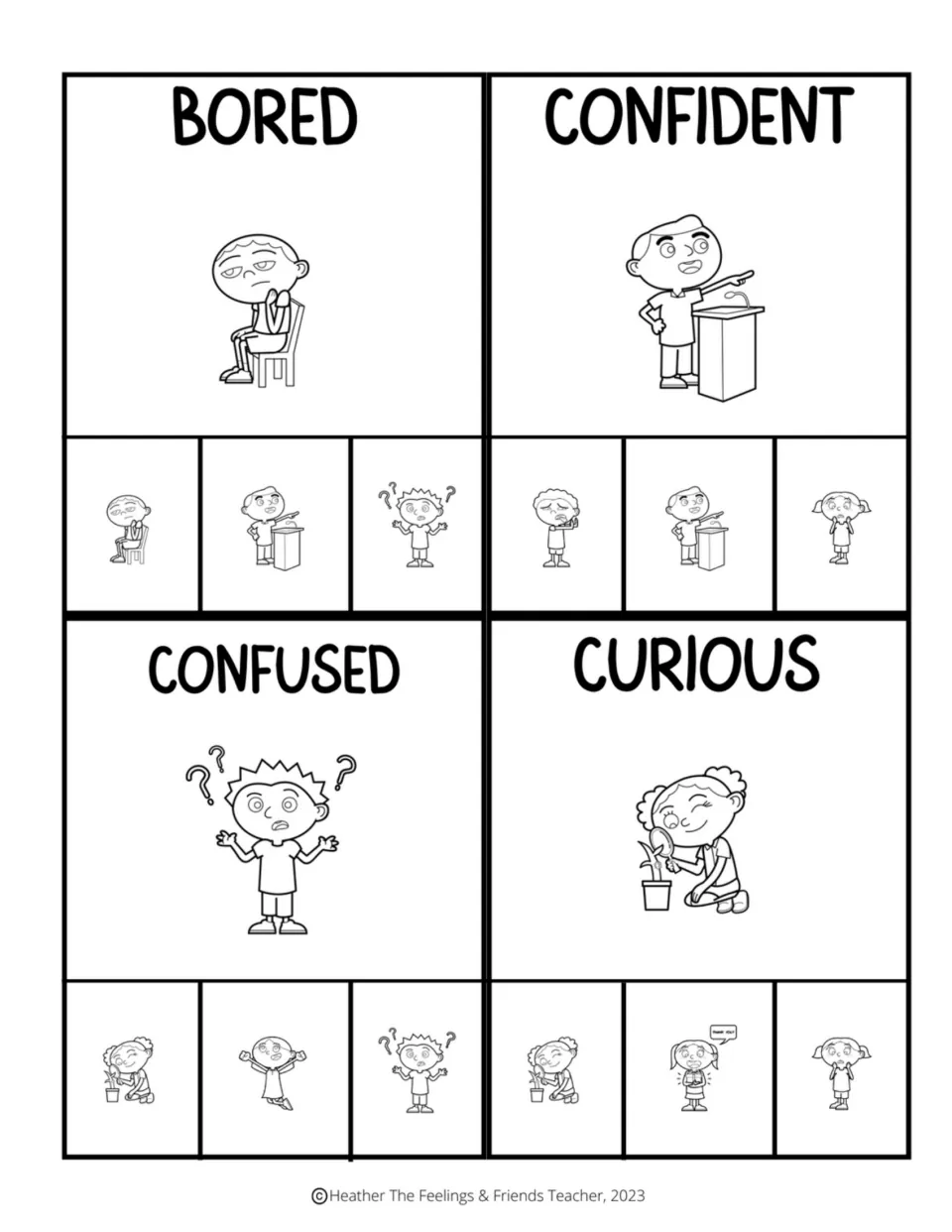 Black-and-white emotion clip cards for bored, confident, confused, and curious, with three choices each