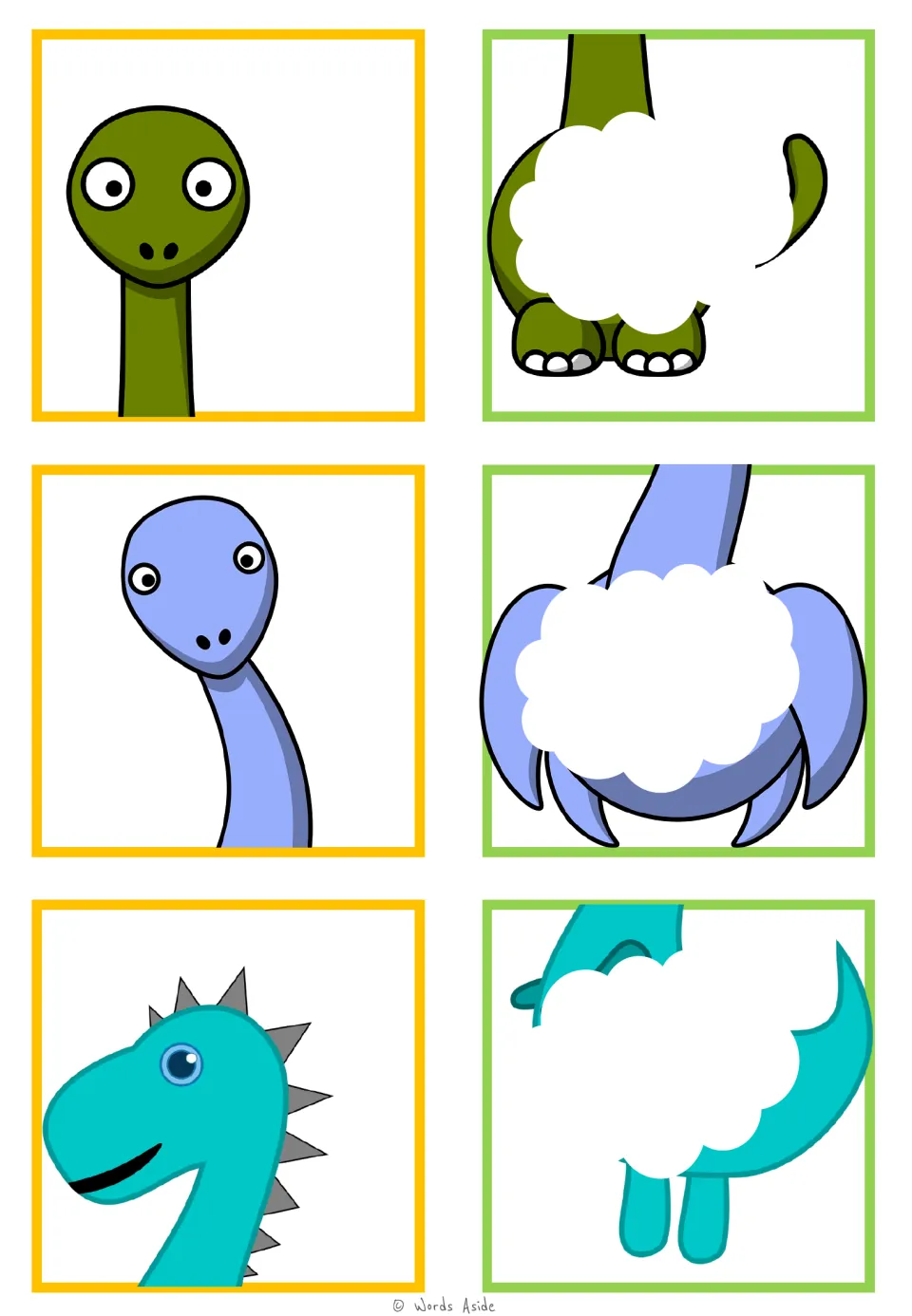 Visual closure matching cards: three dinosaur pairs in olive green, lavender, and teal, with parts hidden