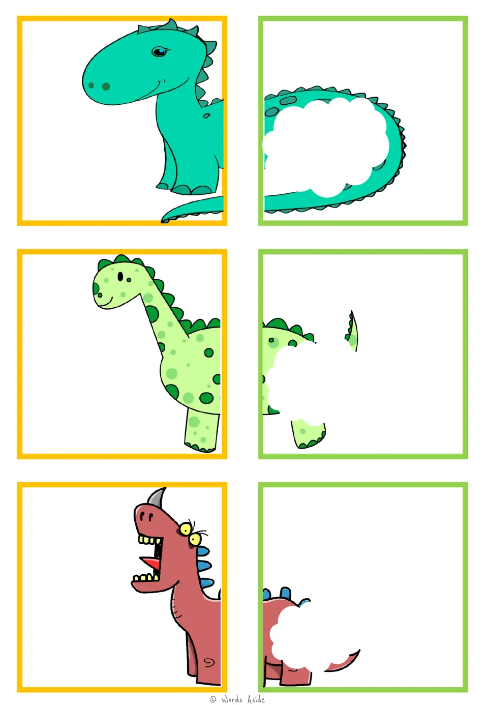 Visual closure matching cards: teal, spotted light green, and red dinosaur half pairs with parts hidden