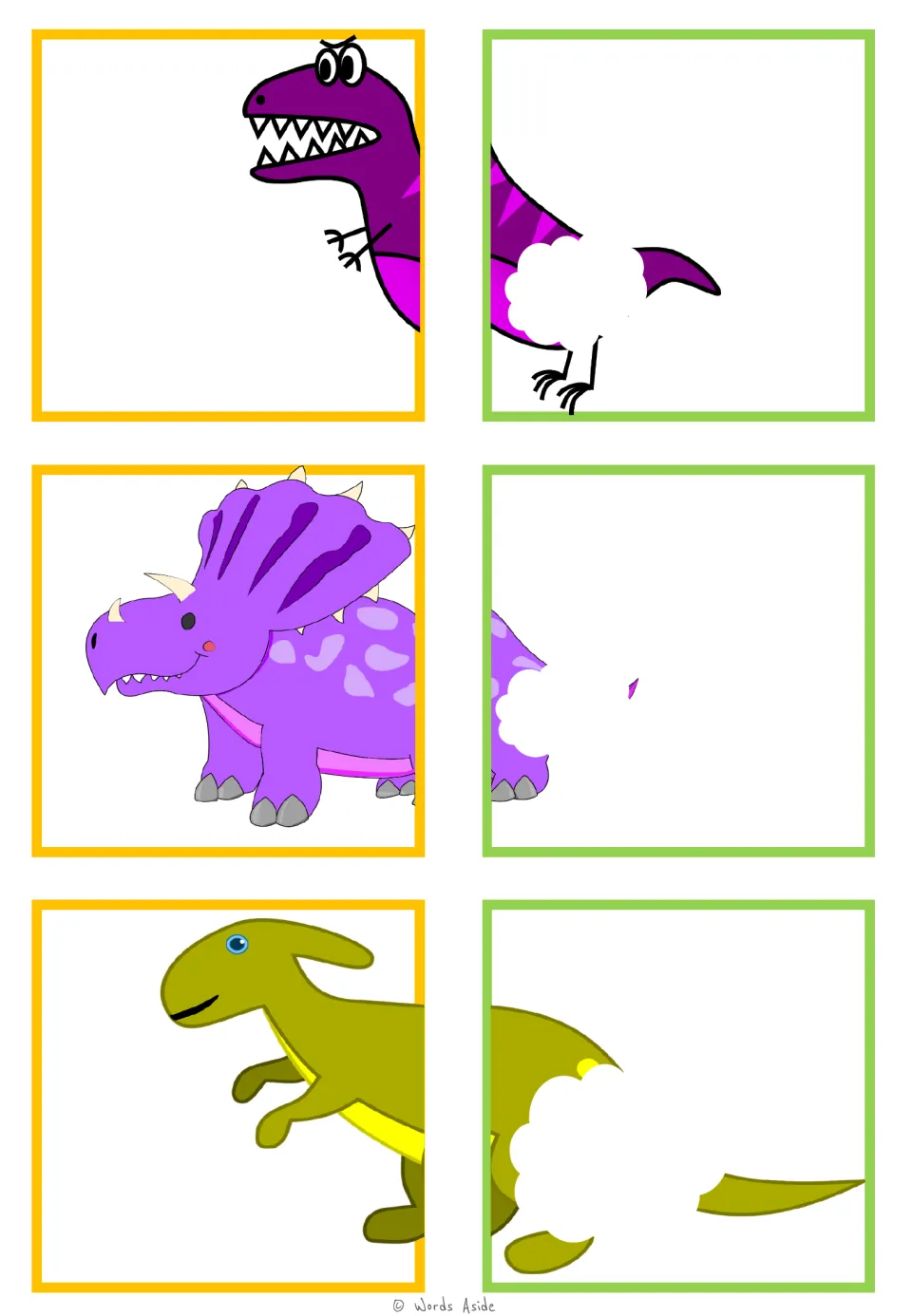 Visual closure matching cards: purple sharp-toothed, purple horned, and olive crested dinosaur half pairs