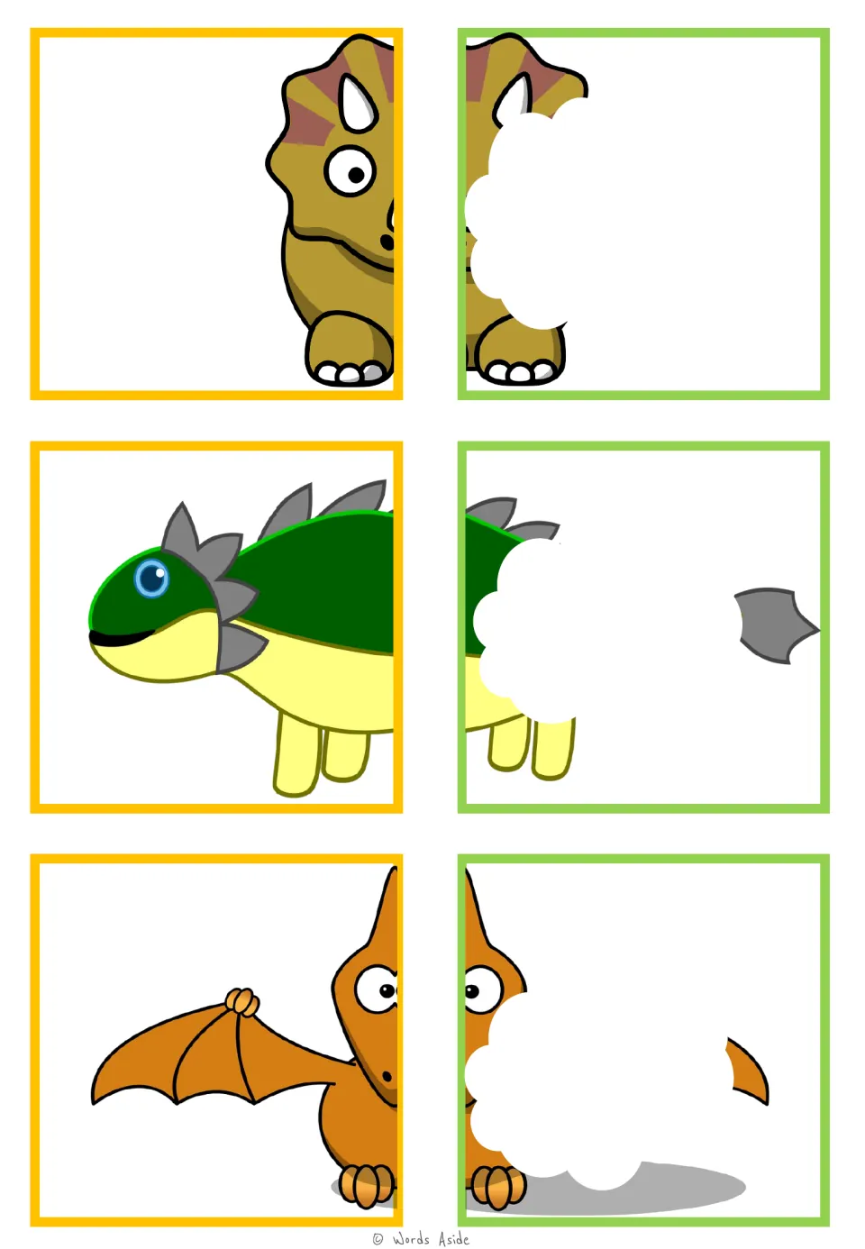 Visual closure matching cards: brown horned dinosaur, green armored dinosaur, and orange winged reptile